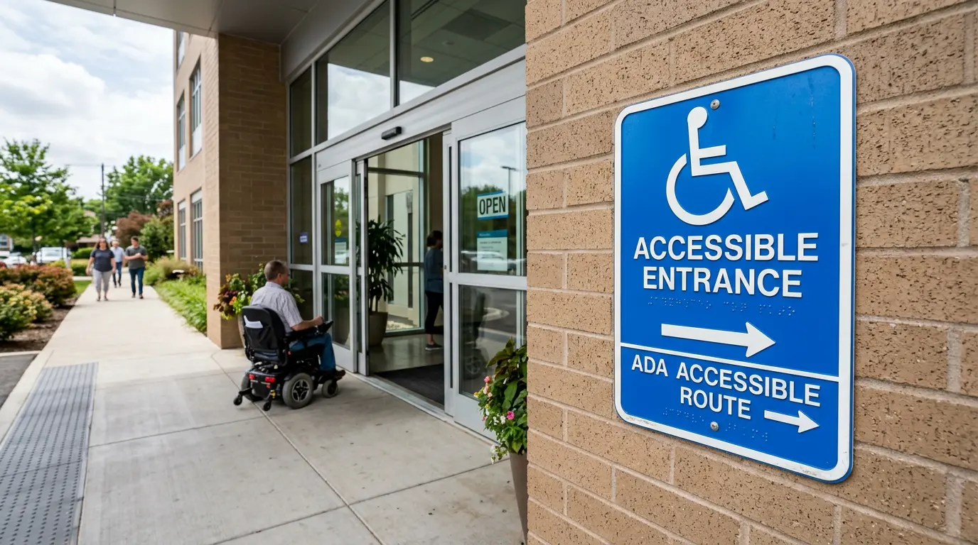 ADA accessible route directional sign in commercial building