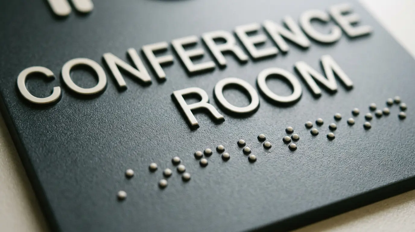 Close-up of ADA braille and tactile lettering on room sign
