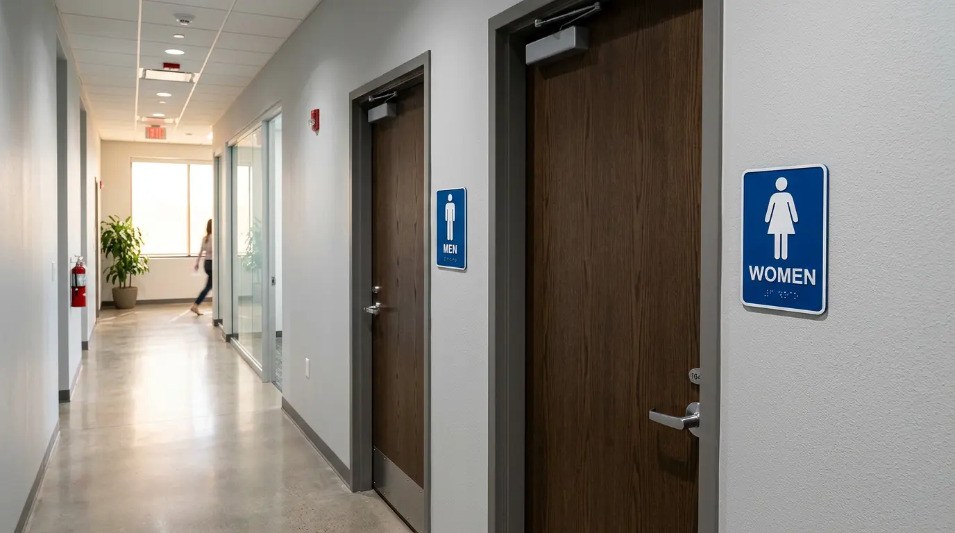 ADA compliant restroom signs in commercial building corridor