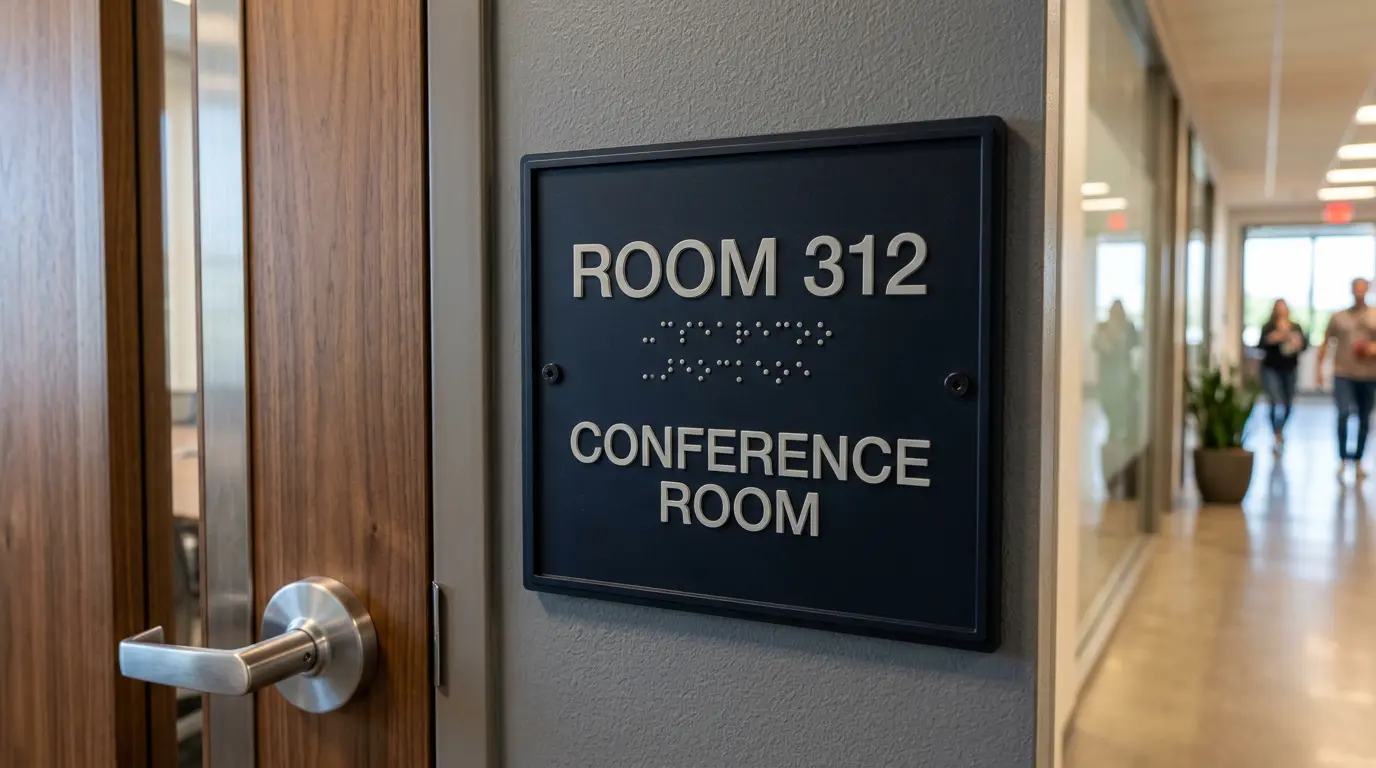 ADA compliant room identification sign on office suite door San Jose