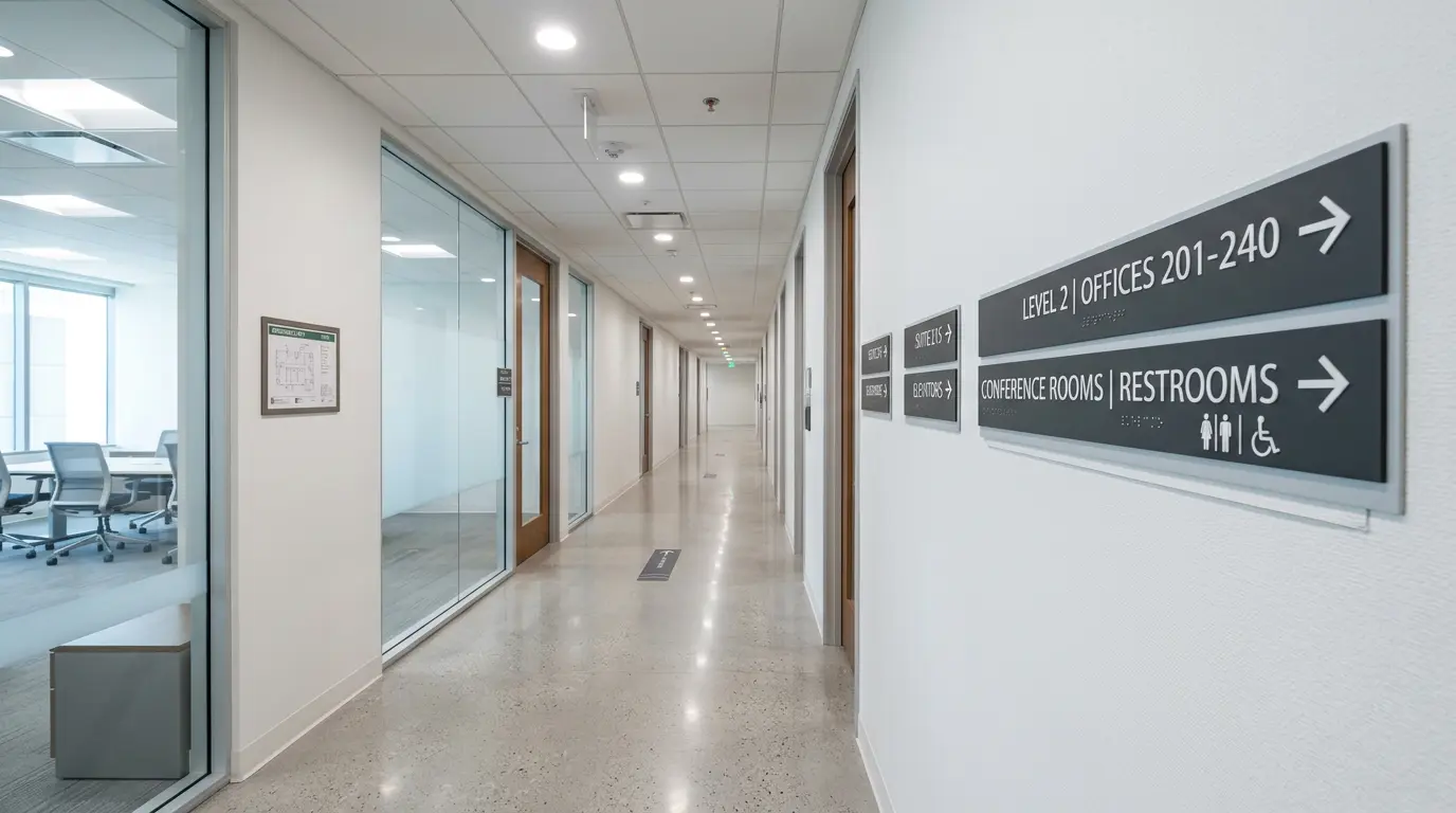 ADA wayfinding signs in office building corridor Silicon Valley
