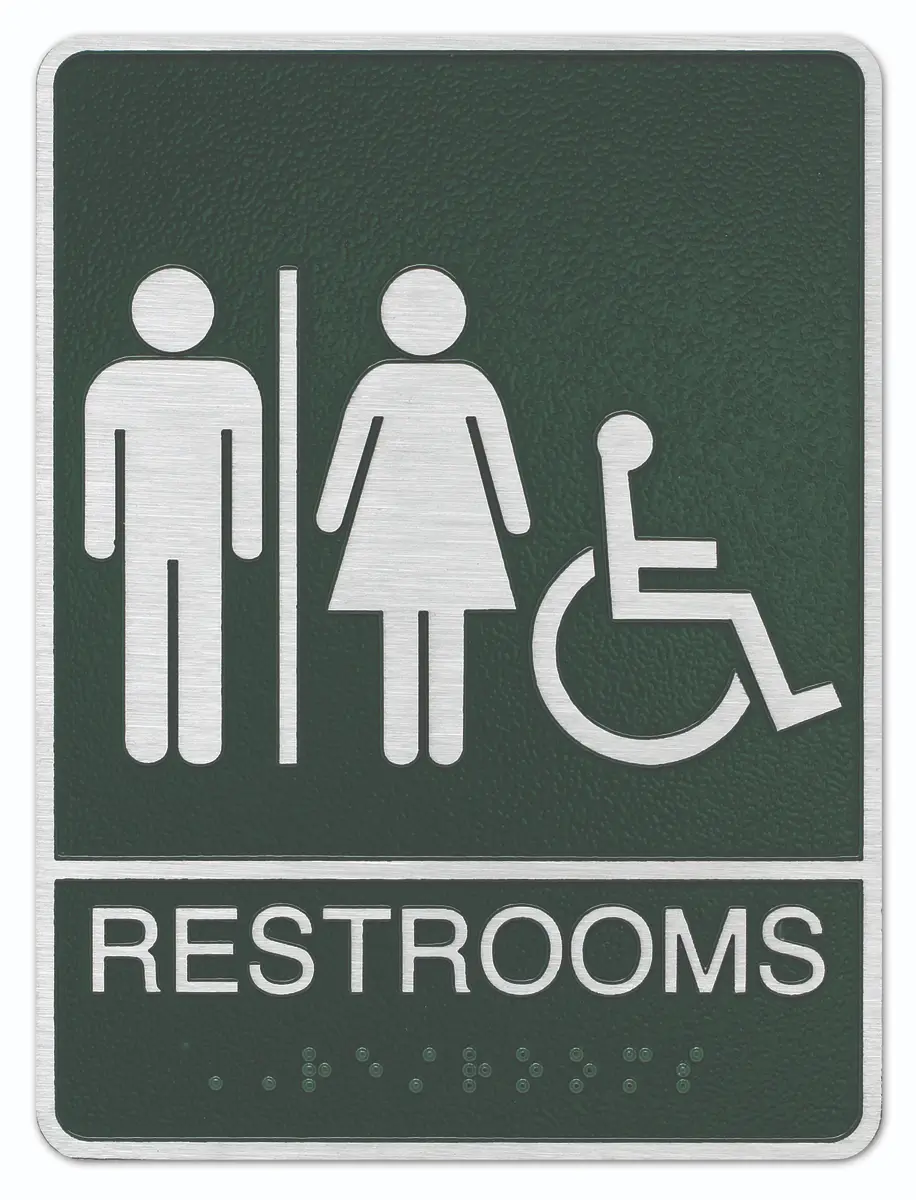Gemini ADA Restrooms sign with tactile text and braille