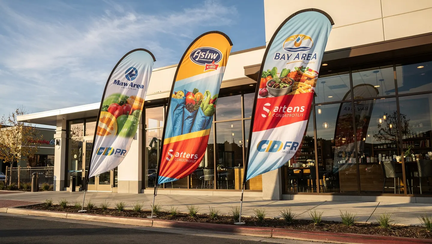 Custom advertising flags at a Bay Area storefront