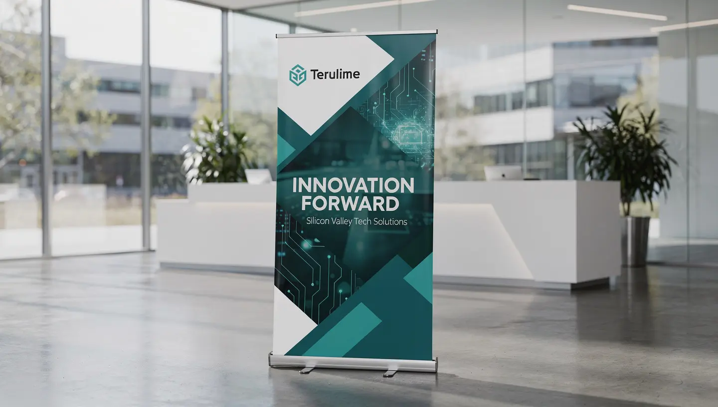 Retractable banner stand in a Silicon Valley office lobby
