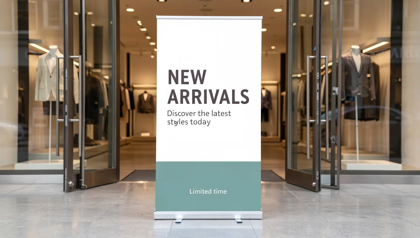 Promotional banner stand at a retail entrance