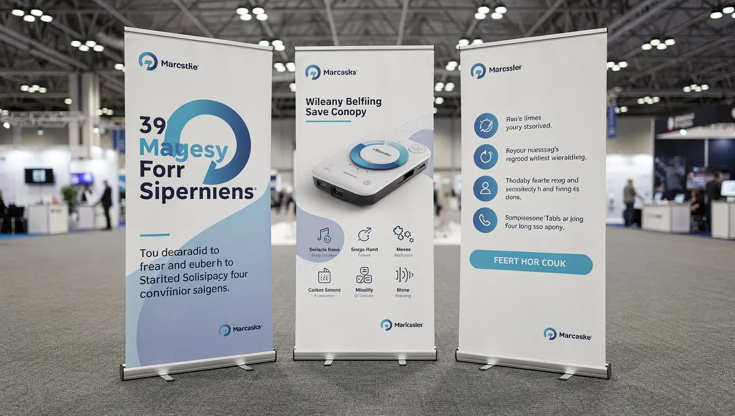 Multiple retractable banner stands at a trade show booth
