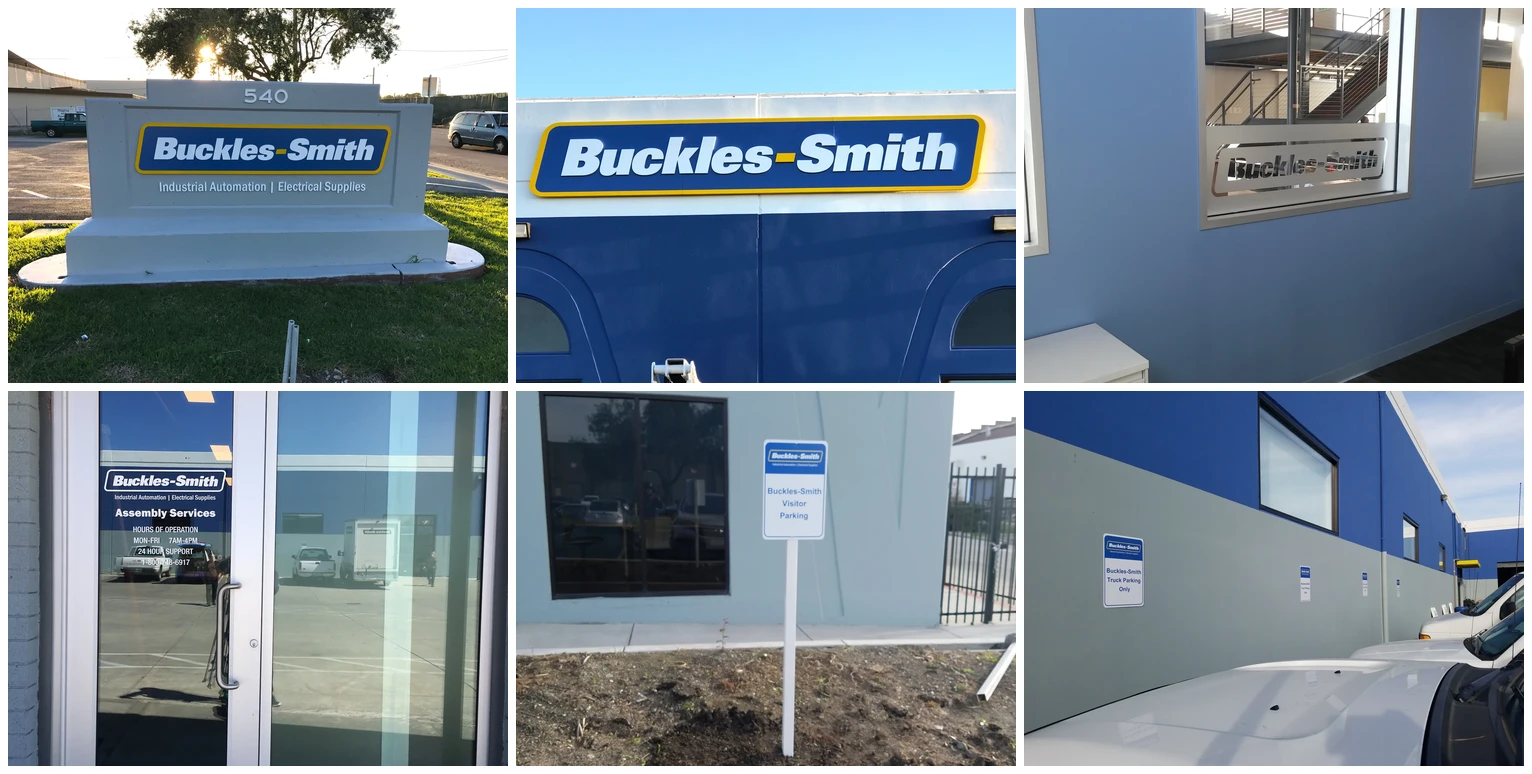 Buckles-Smith San Jose facility signage — monument sign, building sign, door vinyl, window graphics, parking signs — Clear Line Signs San Jose