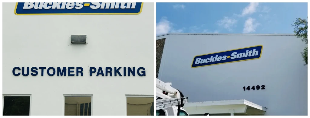 Buckles-Smith San Leandro facility signage — customer parking sign and exterior logo panel — Clear Line Signs San Leandro