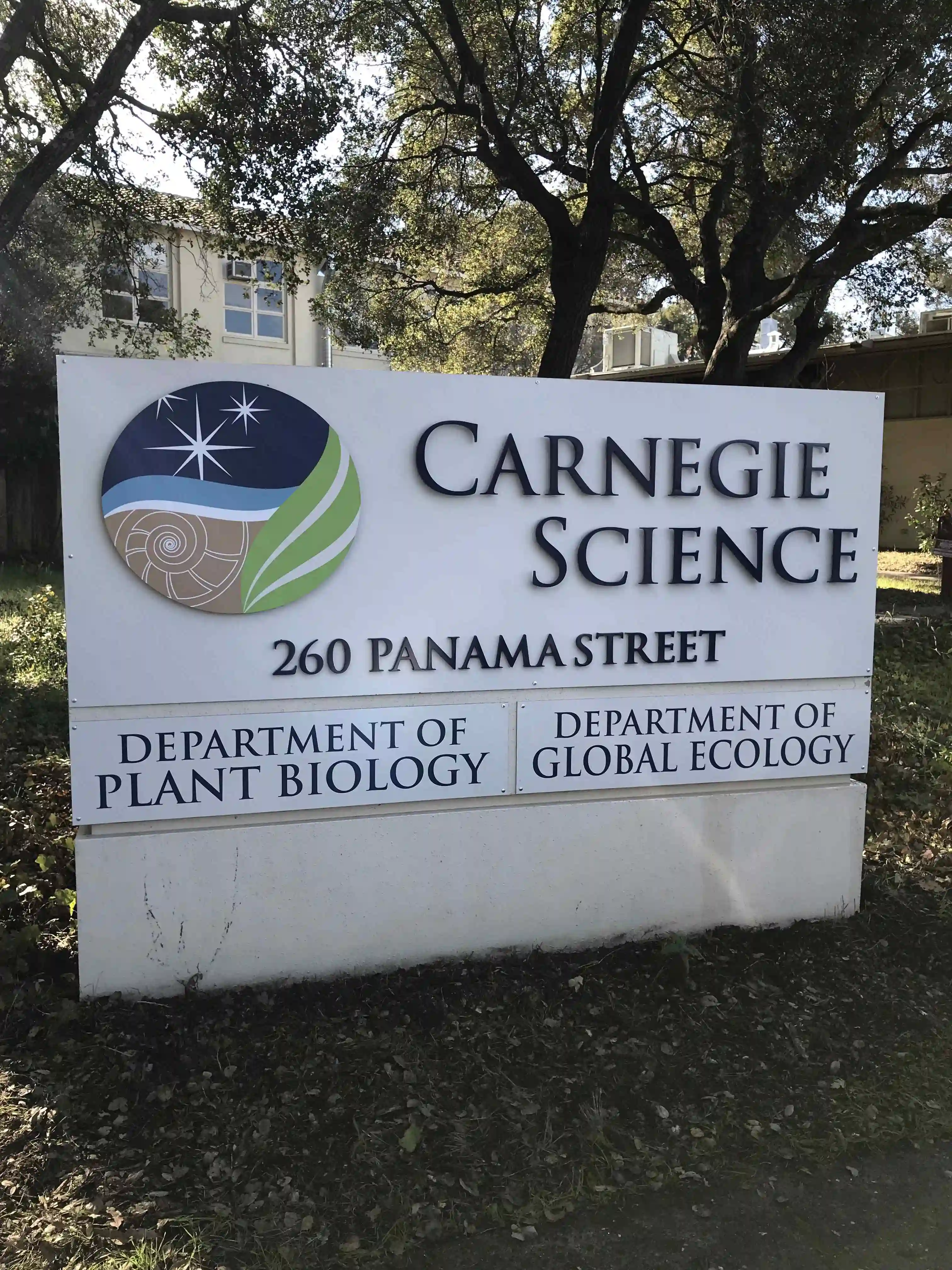 Carnegie Science monument sign — acrylic letters on Dibond panel with printed vinyl directory, Palo Alto