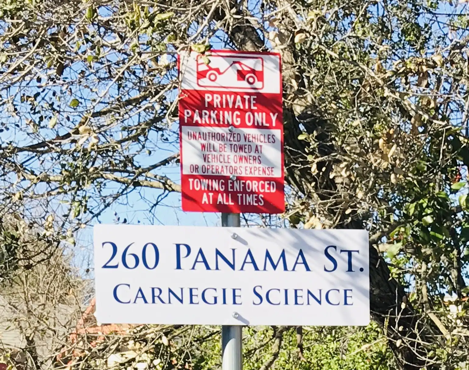 Carnegie Science campus address and parking signs — fabricated and installed by Clear Line Signs, Palo Alto