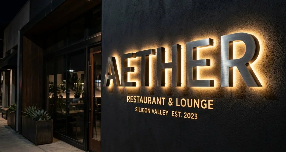 Halo-lit reverse channel letters brushed stainless restaurant Silicon Valley — Clear Line Signs