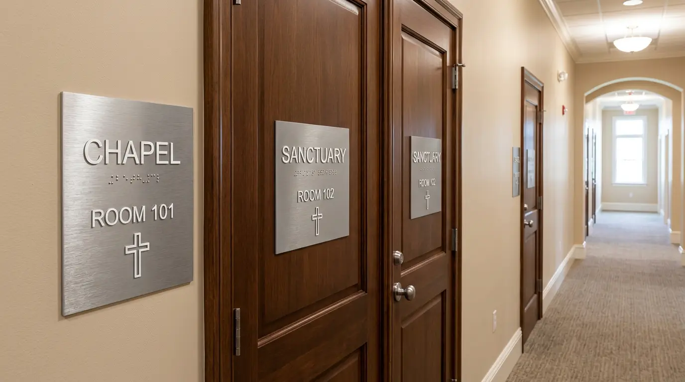 ADA compliant tactile room ID signs in church corridor San Jose
