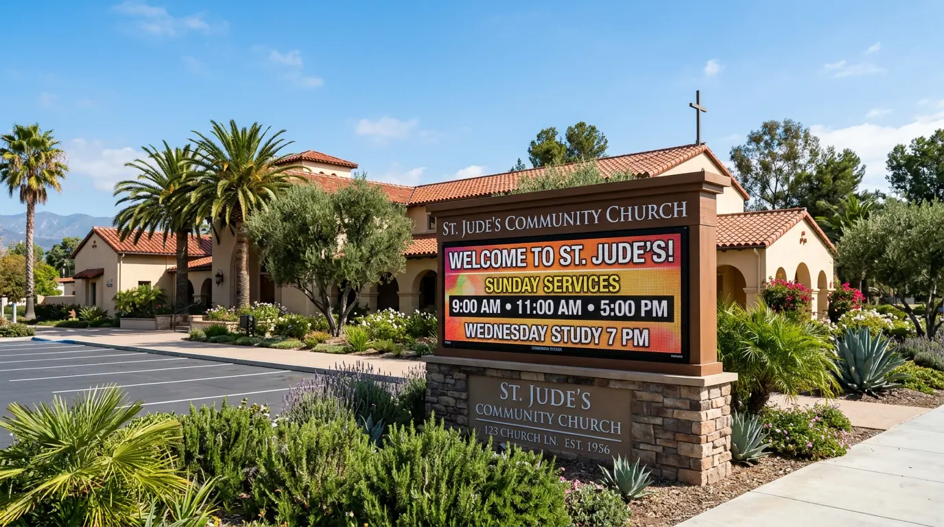LED programmable message center sign at San Jose church showing service times