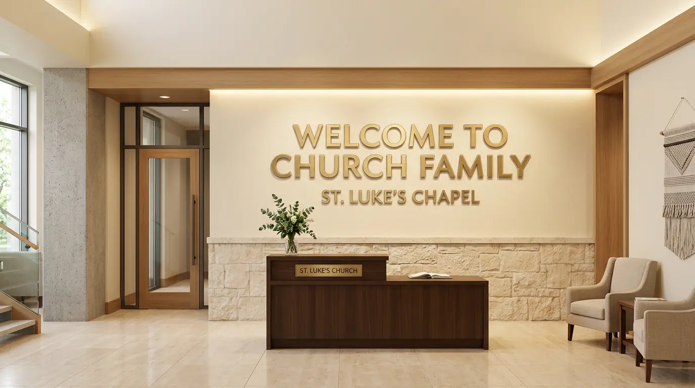 Dimensional acrylic lobby sign at church foyer reception Silicon Valley