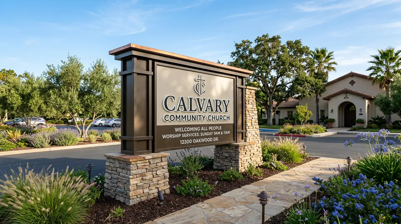 Illuminated monument sign at San Jose church entrance with landscaping