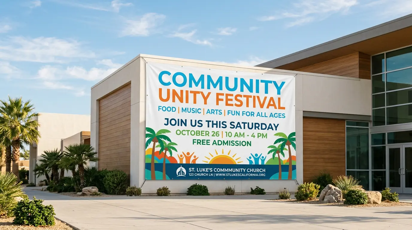 Large vinyl banner on church exterior promoting event or service San Jose