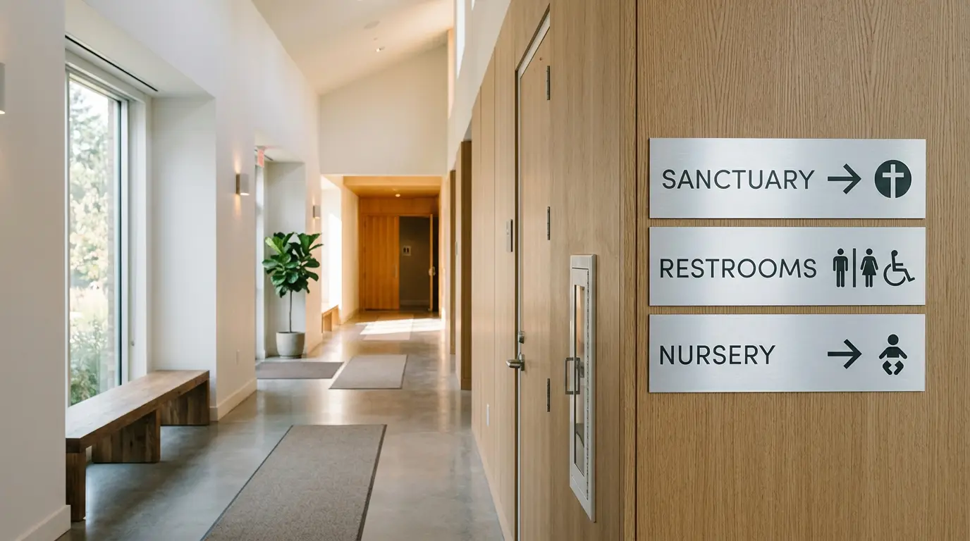 Interior wayfinding directional signs in church building San Jose