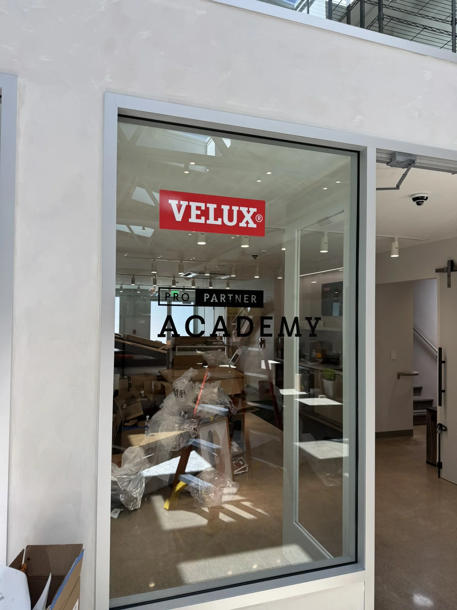 VELUX and Pro Partner Academy logo vinyl on entry door glass — Clear Line Signs Mountain View
