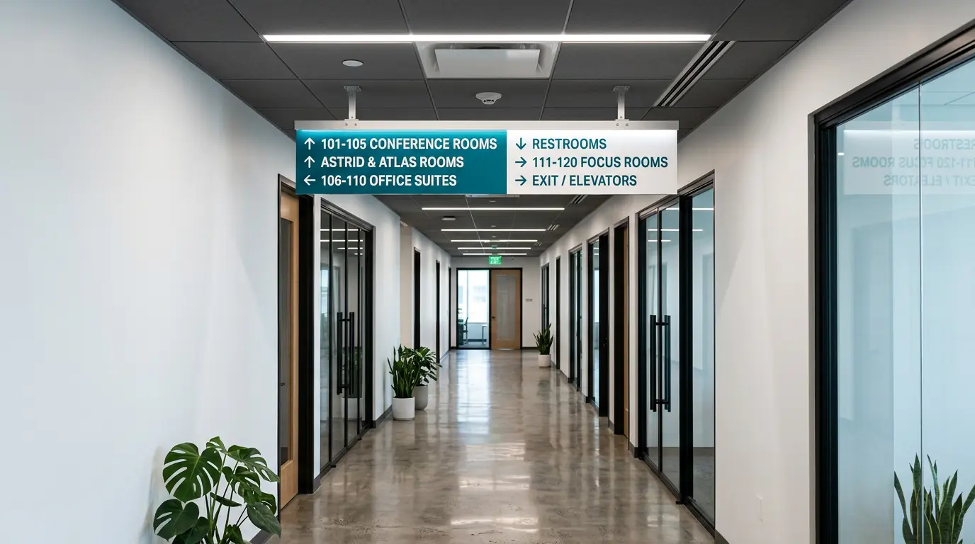 Integrated wayfinding and directional sign system in corporate office corridor Silicon Valley