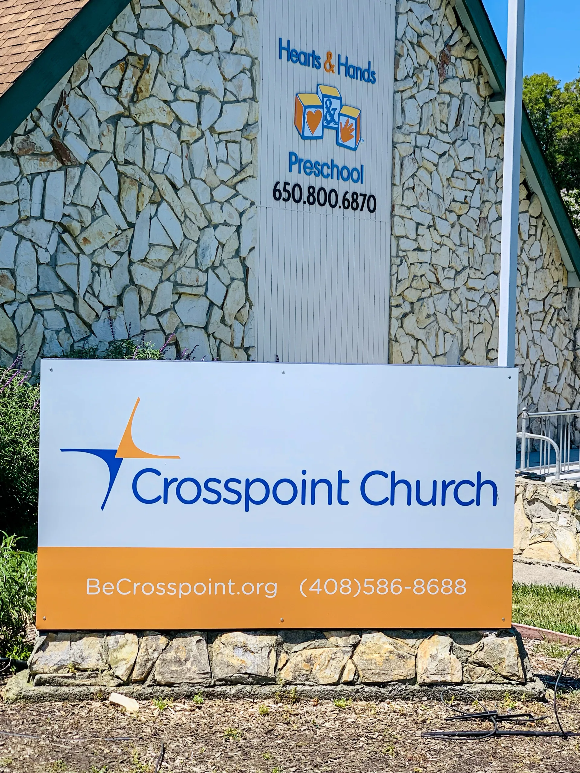 Crosspoint Church aluminum panel monument sign on stone base — Clear Line Signs Bay Area