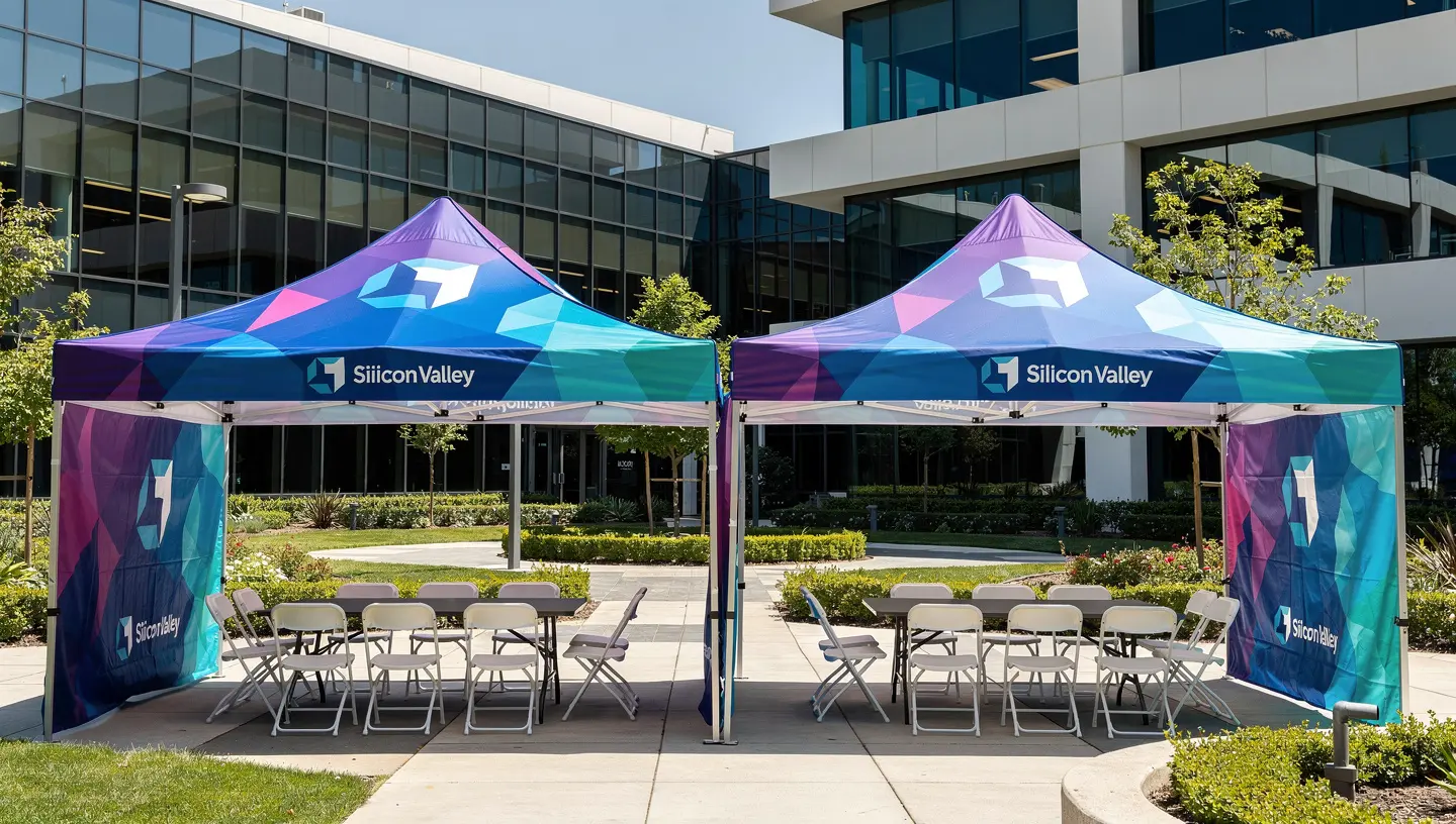 Custom branded event tents at a Silicon Valley corporate outdoor event