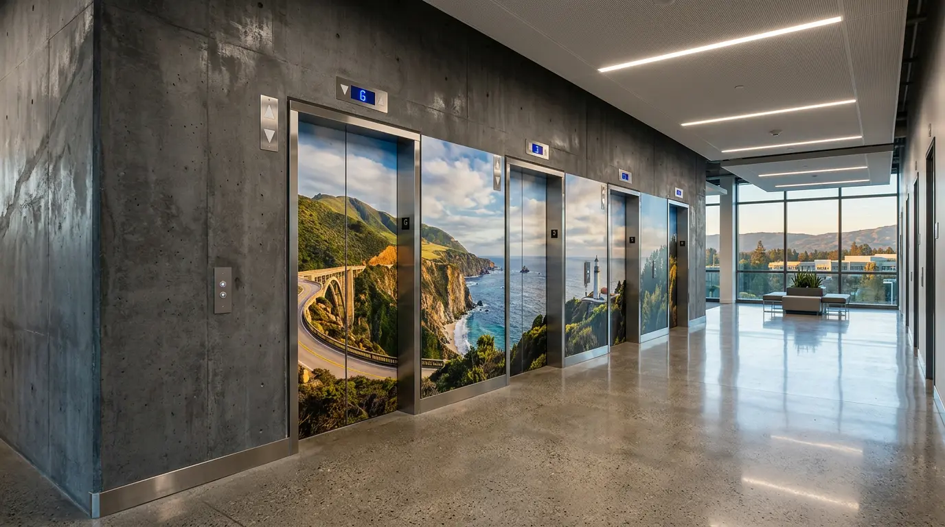 Corporate elevator door vinyl wrap in commercial office building Silicon Valley