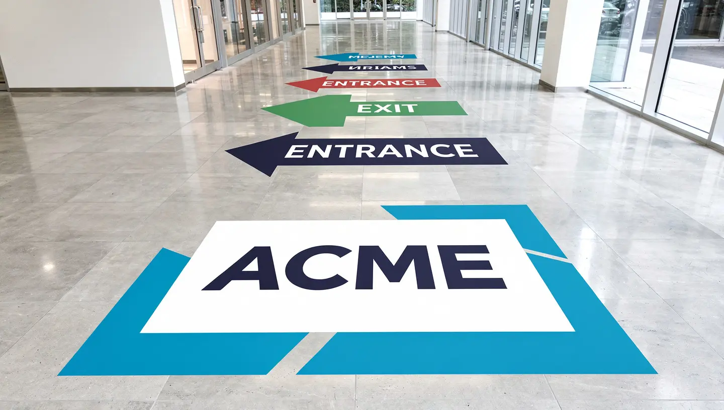 Floor vinyl graphics in a commercial lobby