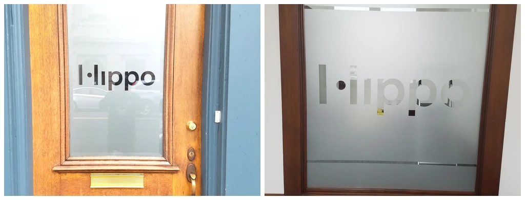 Frosted glass entry door and office logo graphics — Hippo — Clear Line Signs Palo Alto