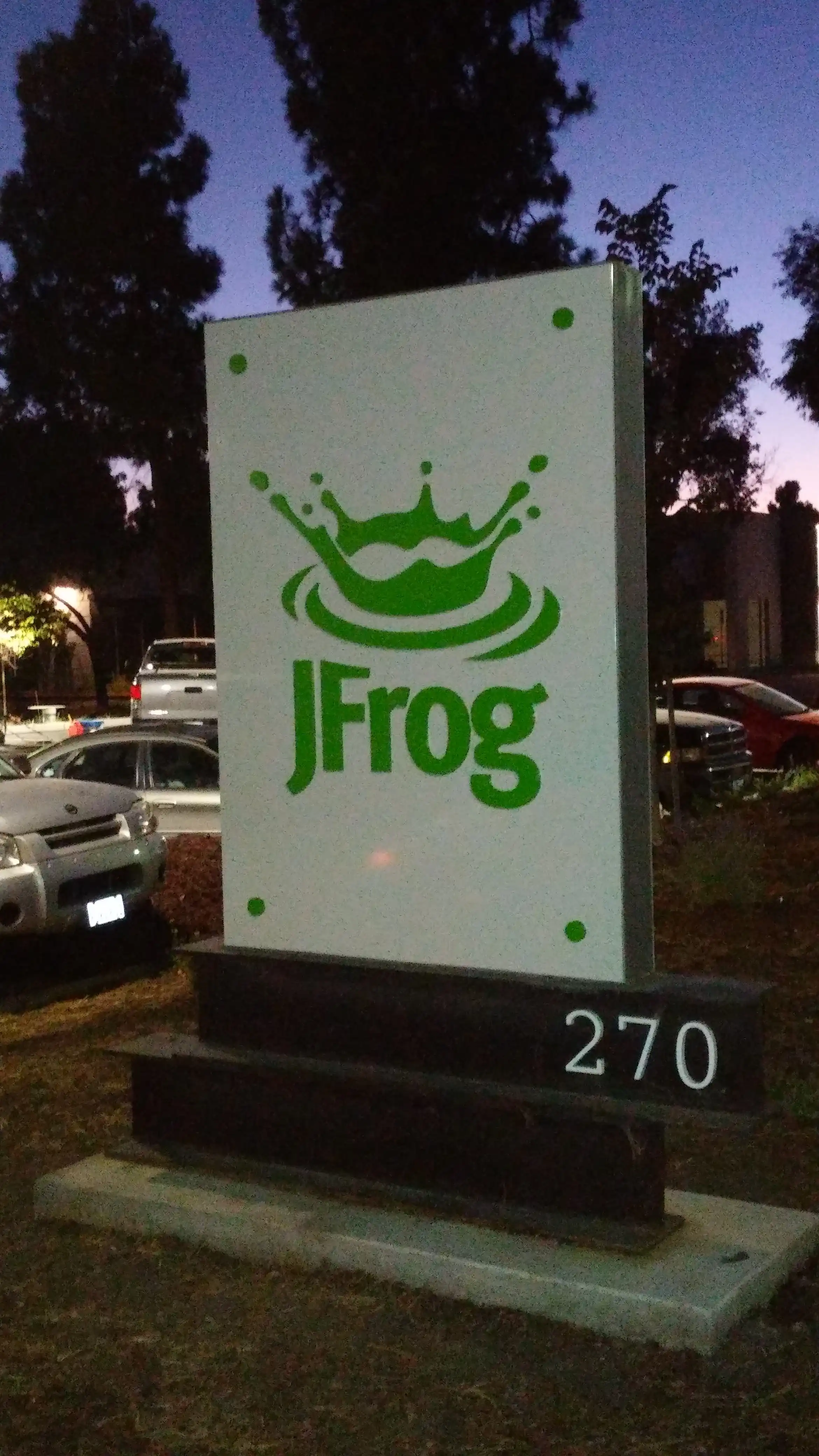 JFrog monument sign — acrylic letters and logo on acrylic panel with standoffs, San Jose