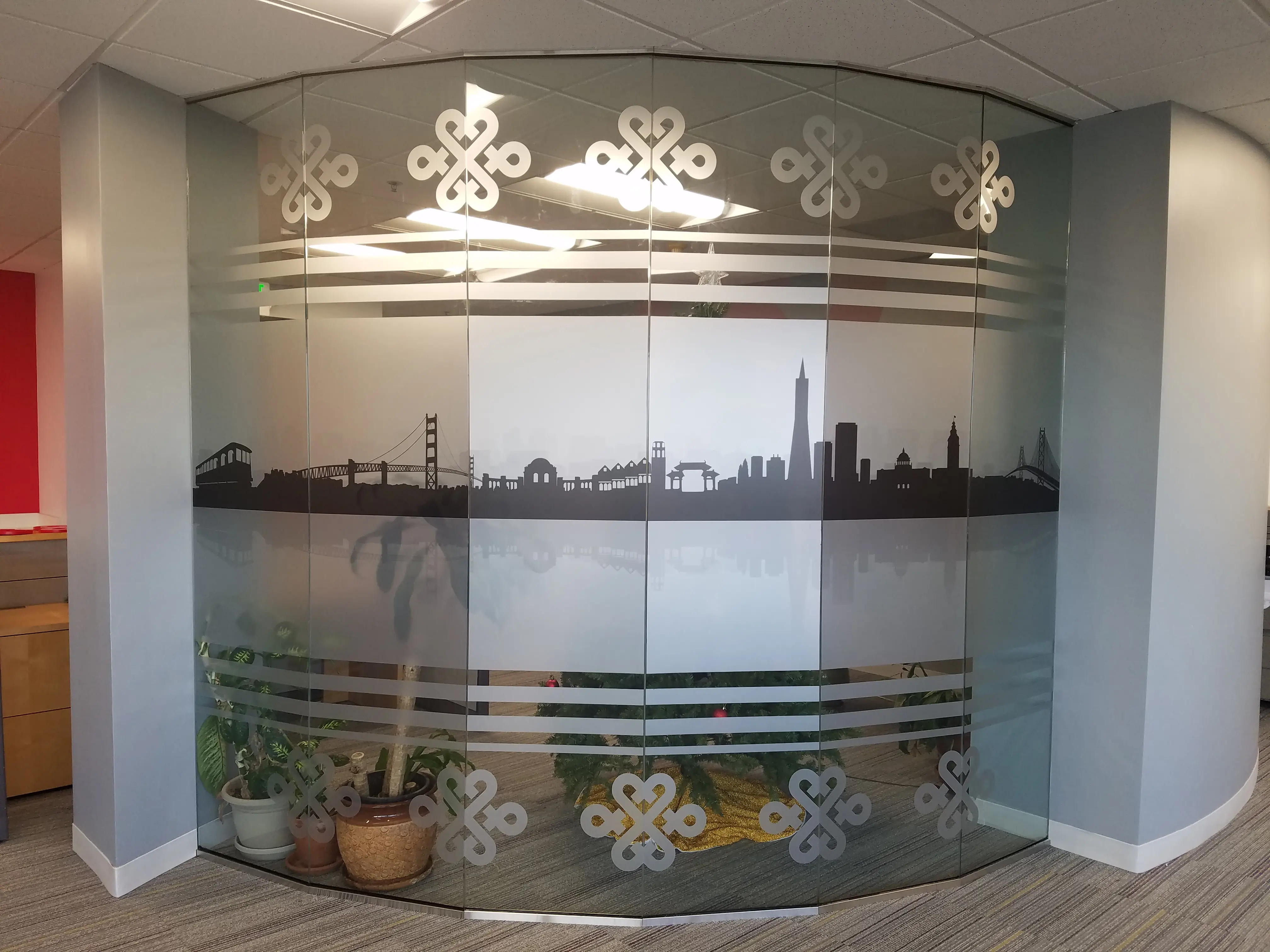 China Unicom frosted vinyl city skyline on curved glass partition