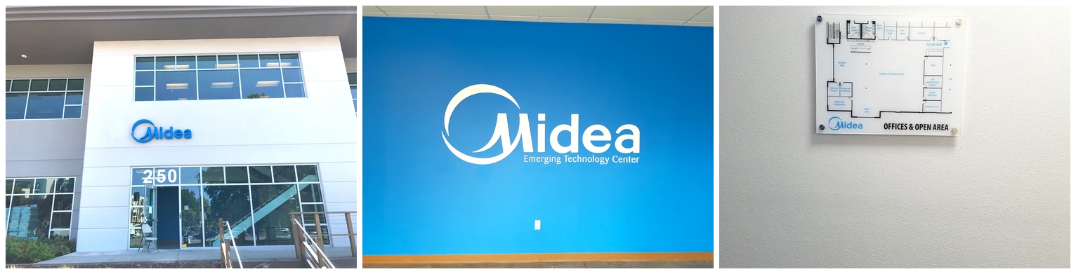 Midea exterior building sign, interior dimensional letter sign, and wayfinding directory — Clear Line Signs Silicon Valley