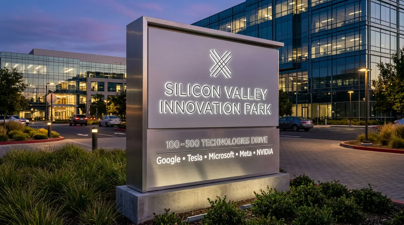 Illuminated monument sign at Silicon Valley office park entrance