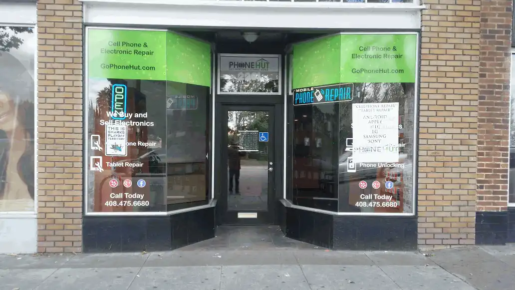 Window decal graphics Phone Hut San Jose — Clear Line Signs