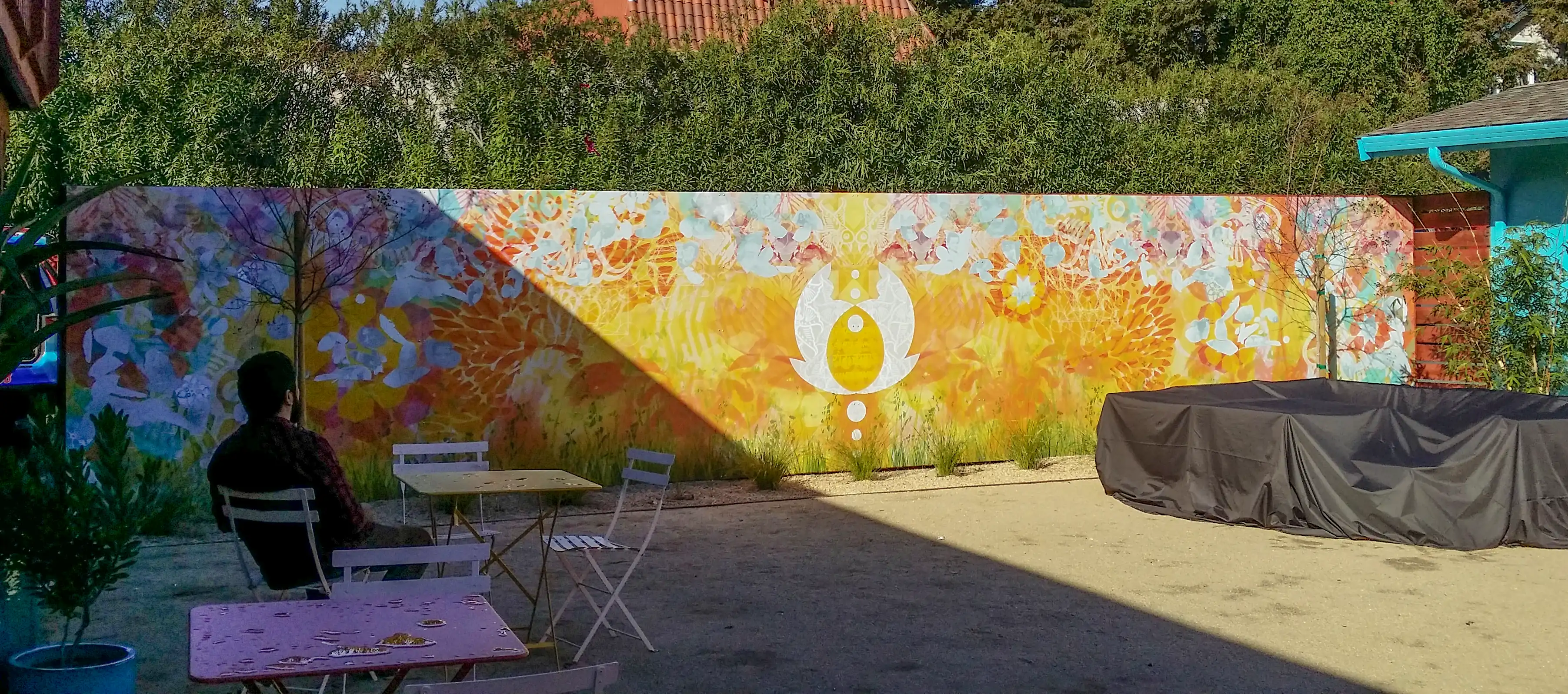 Priya Living outdoor large format vinyl wall wrap Bay Area — Clear Line Signs