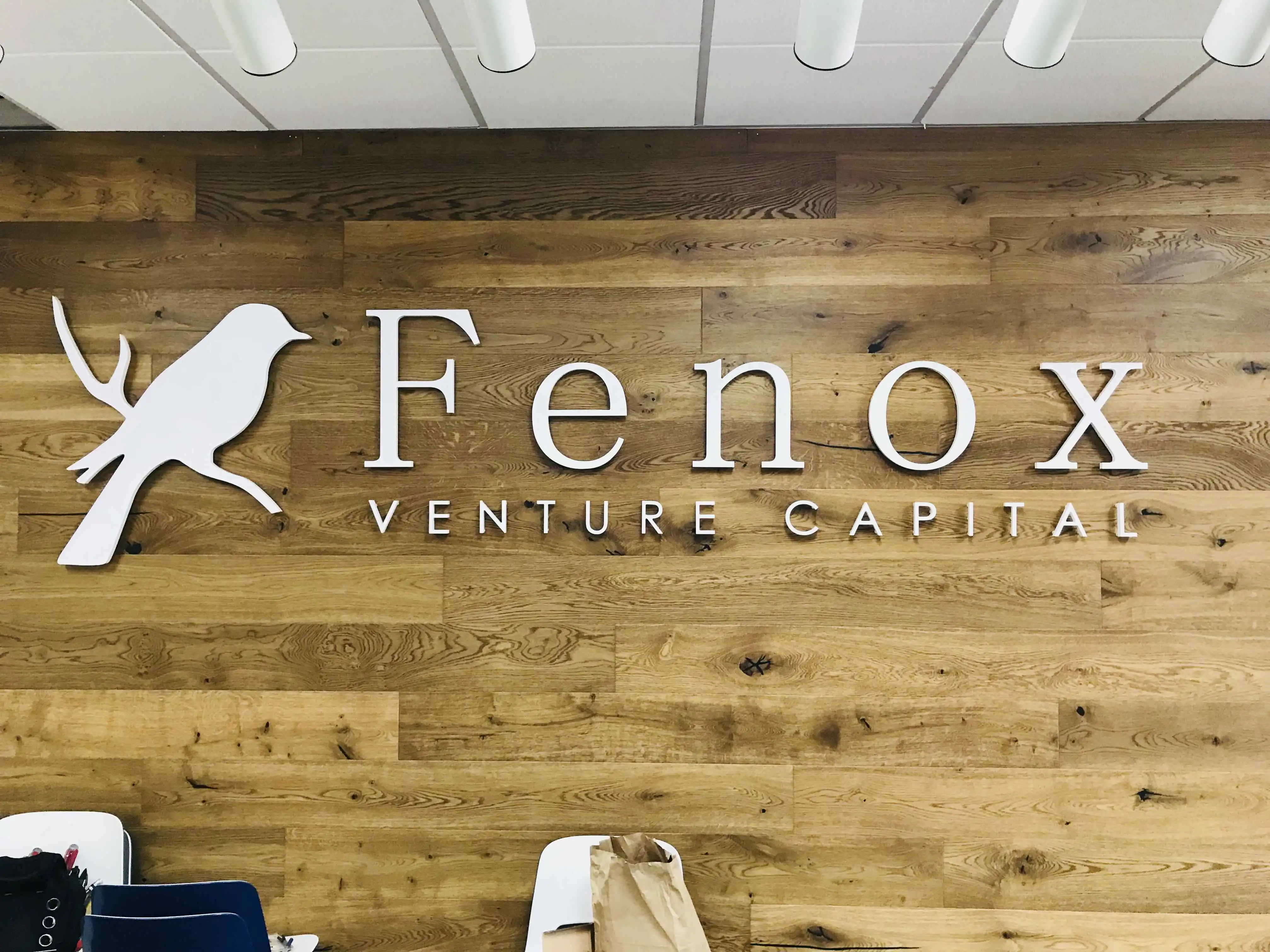 Fenox Venture Capital white acrylic dimensional lobby sign wood wall Silicon Valley — Clear Line Signs