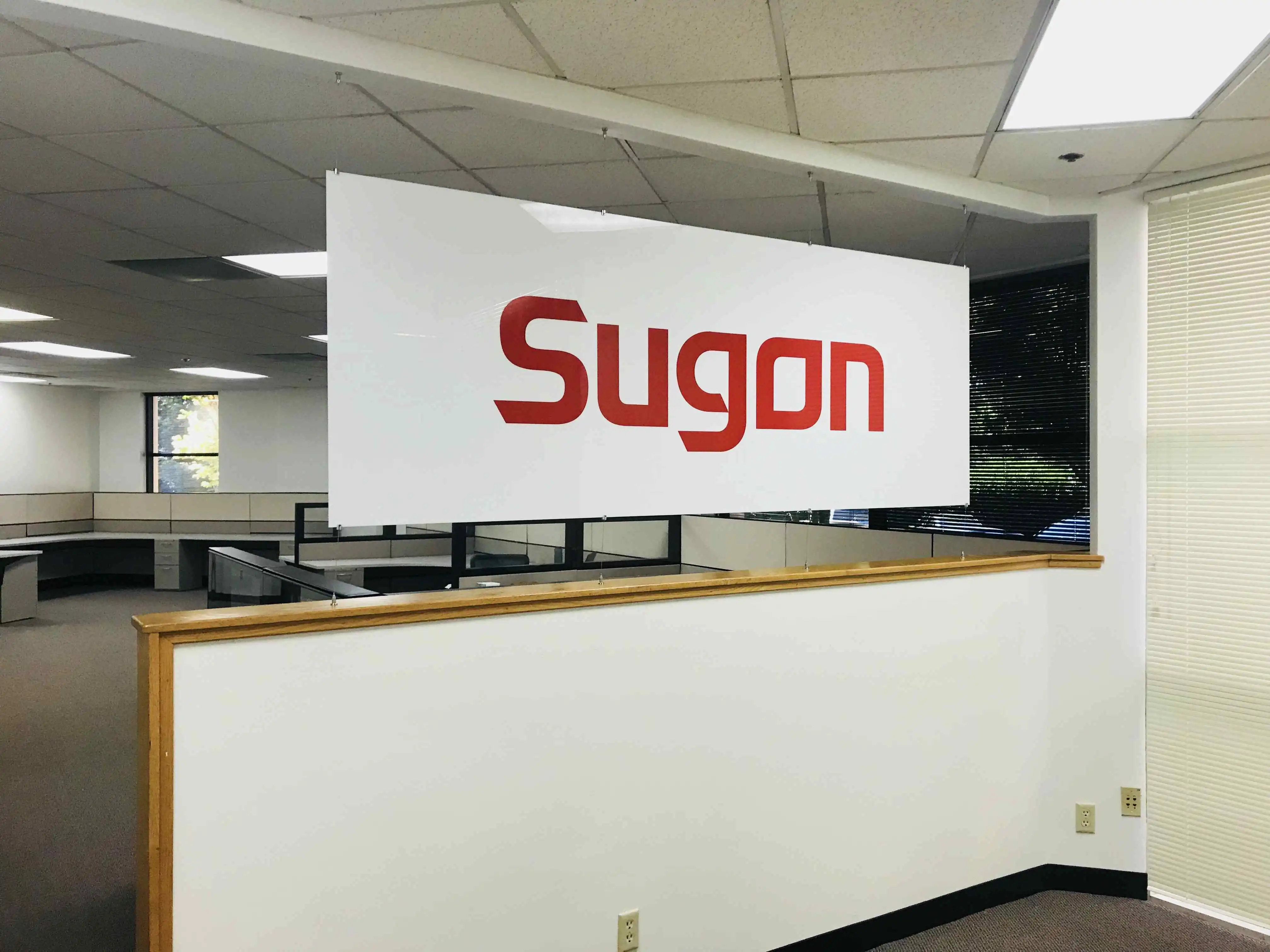 Sugon cable rod suspended acrylic lobby sign Silicon Valley — Clear Line Signs