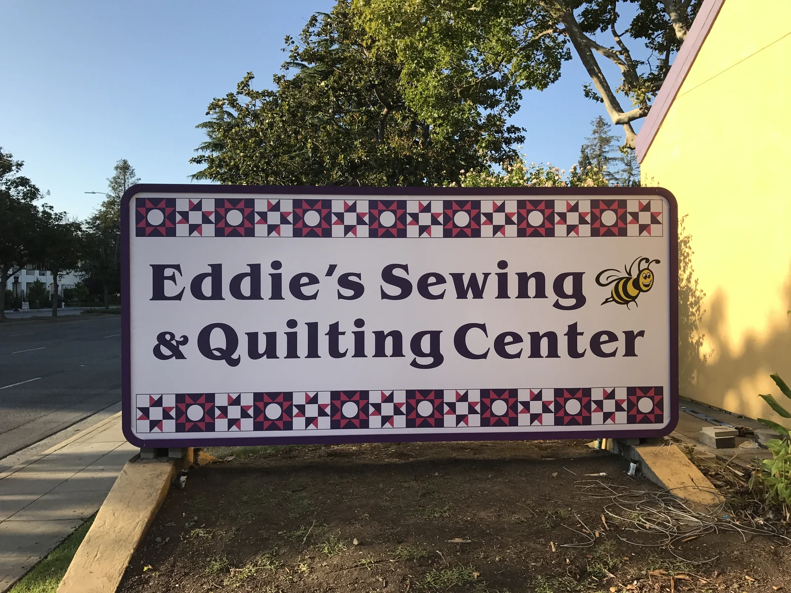 Eddies Sewing and Quilting Center backlit lightbox monument sign Silicon Valley