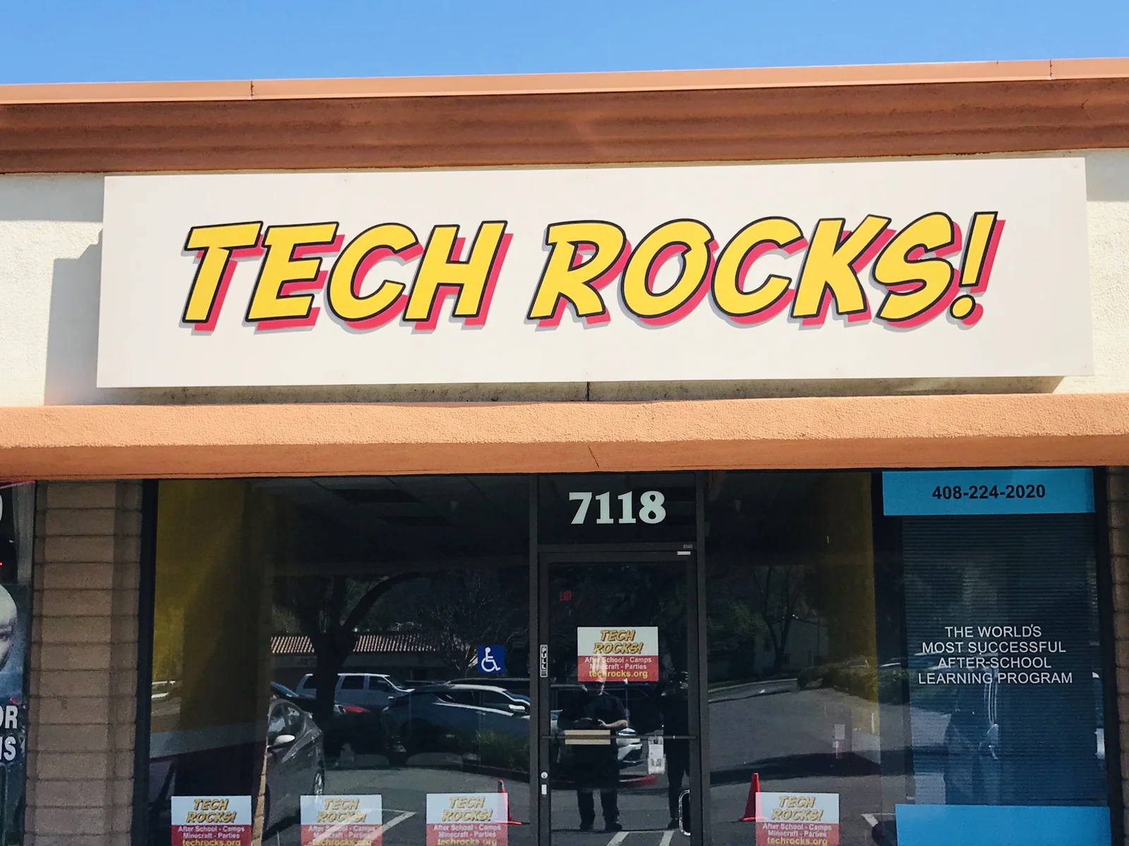Tech Rocks full-color dibond cabinet storefront sign San Jose retail