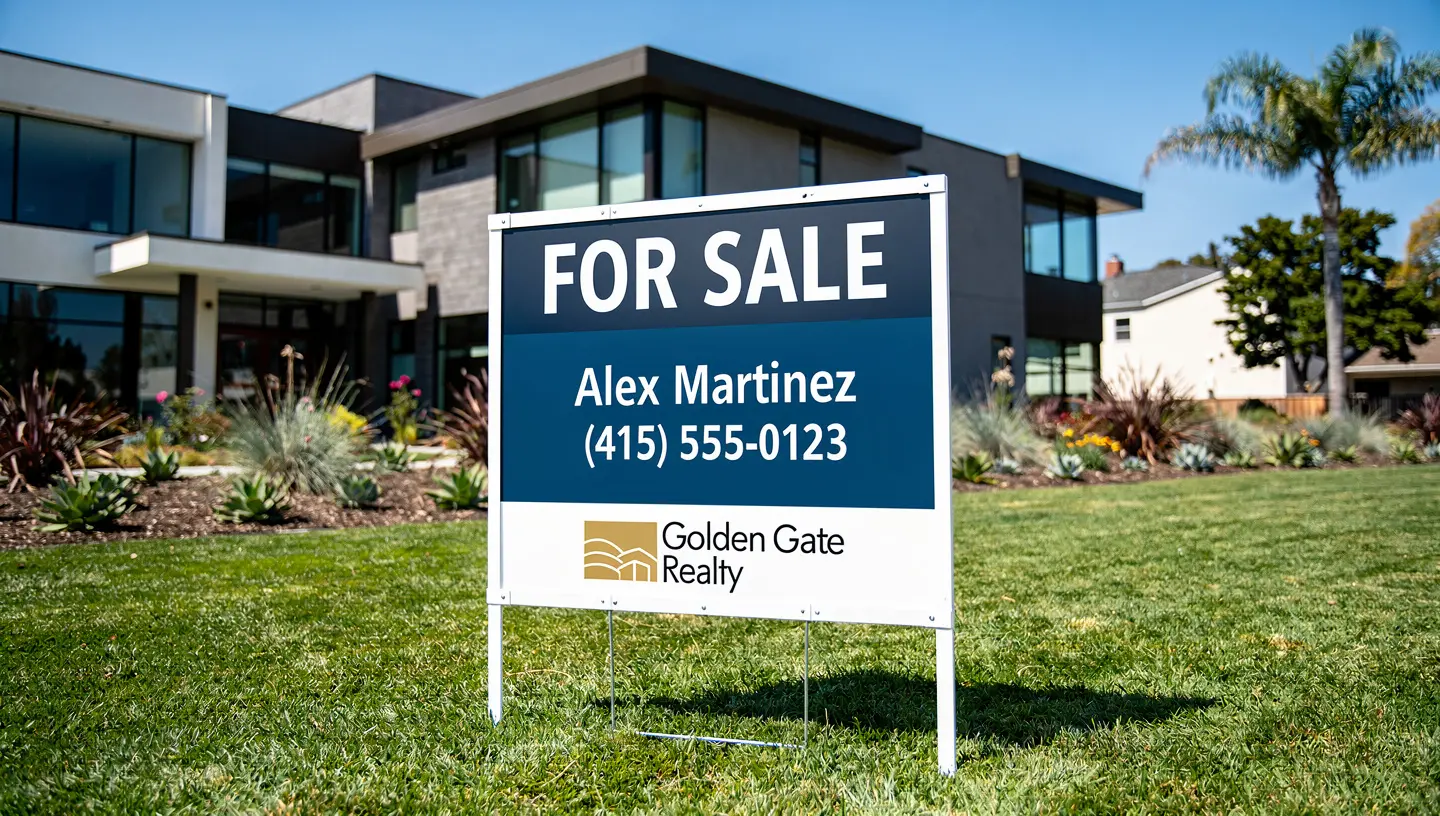 Custom real estate yard sign at a Bay Area property