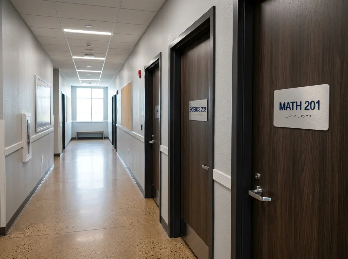 ADA-compliant room ID sign package installed in private school San Jose