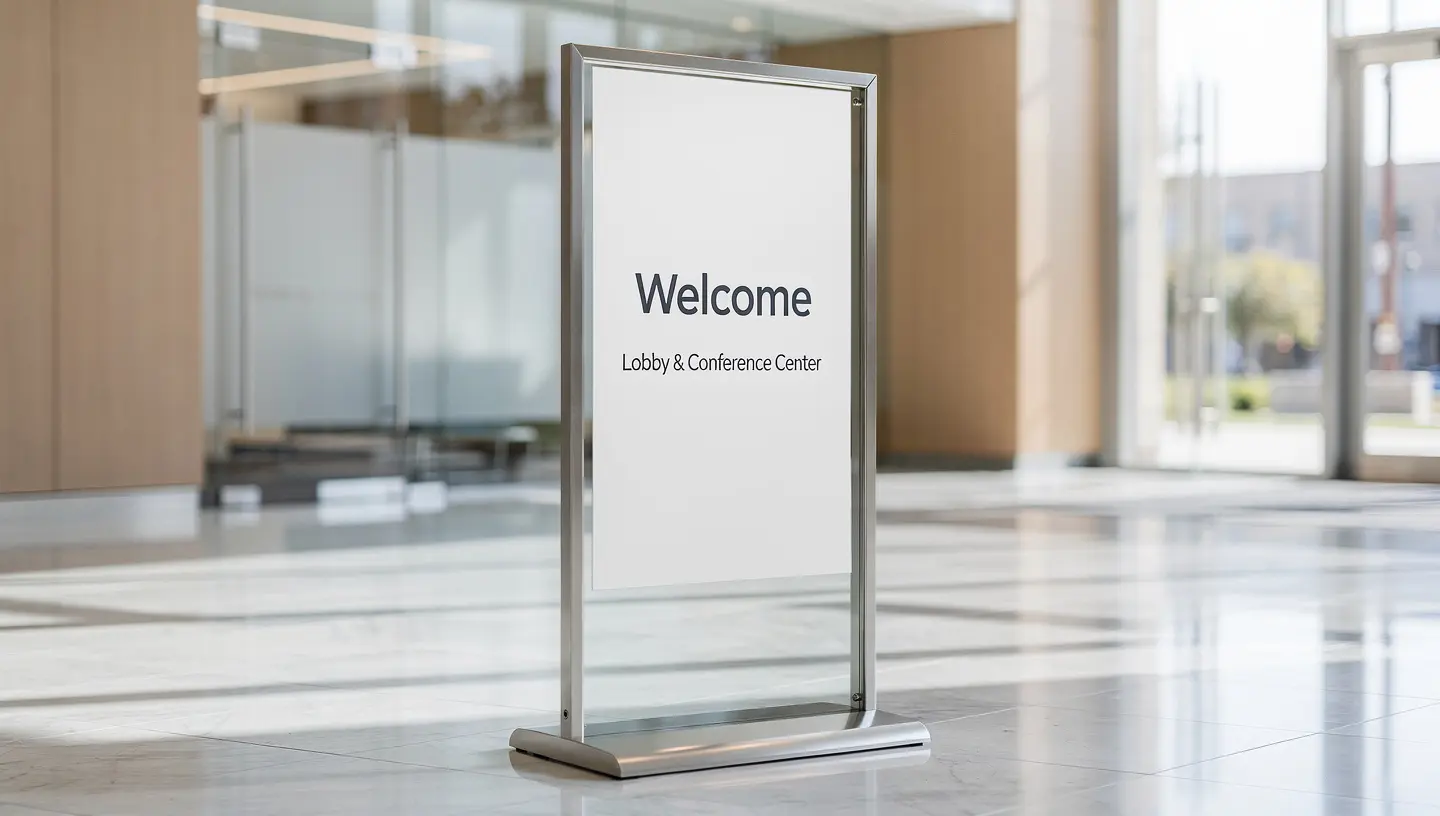 Floor sign holder in a corporate lobby