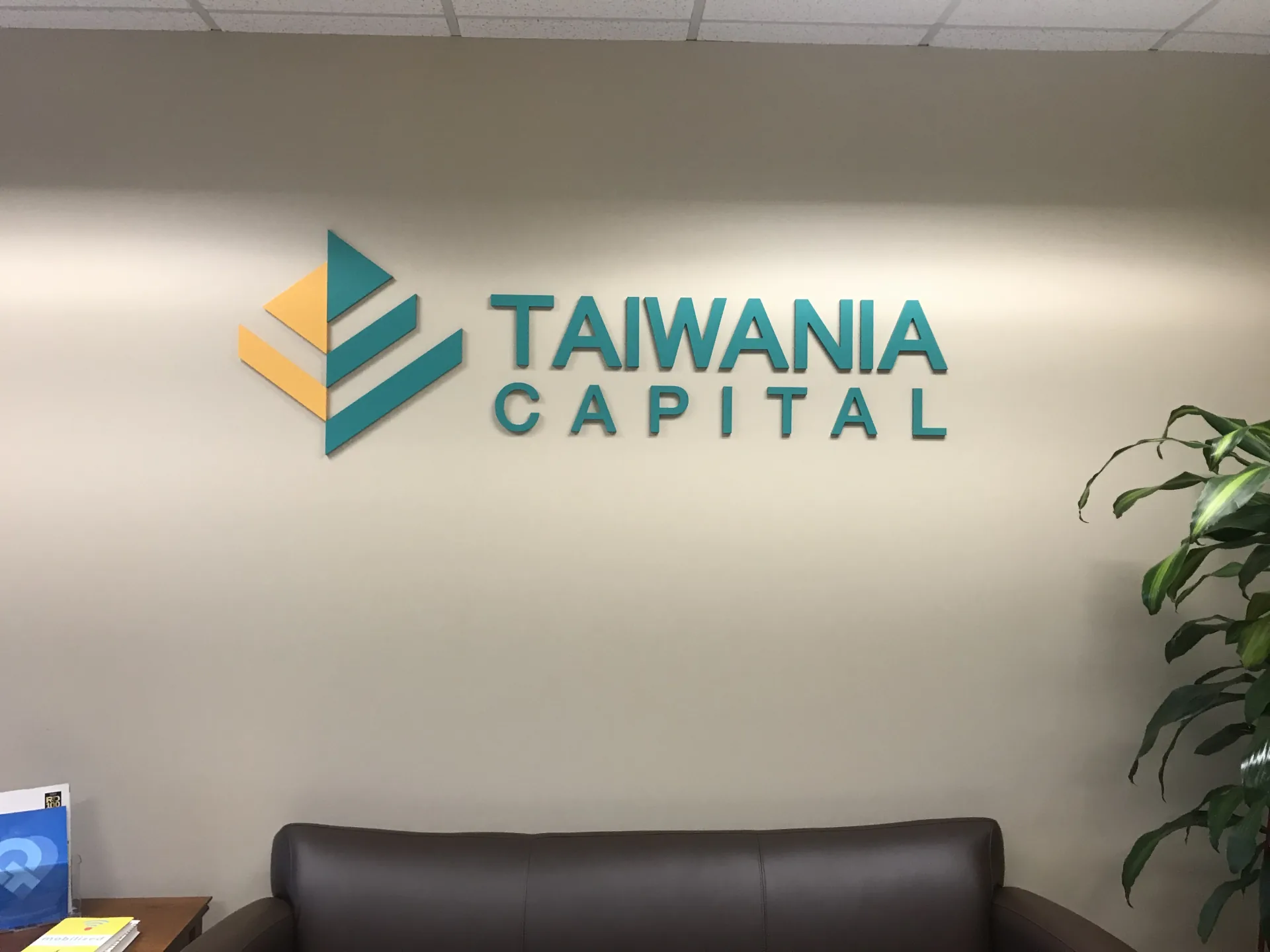 Painted acrylic dimensional logo lobby sign — Taiwania Capital — Clear Line Signs Santa Clara
