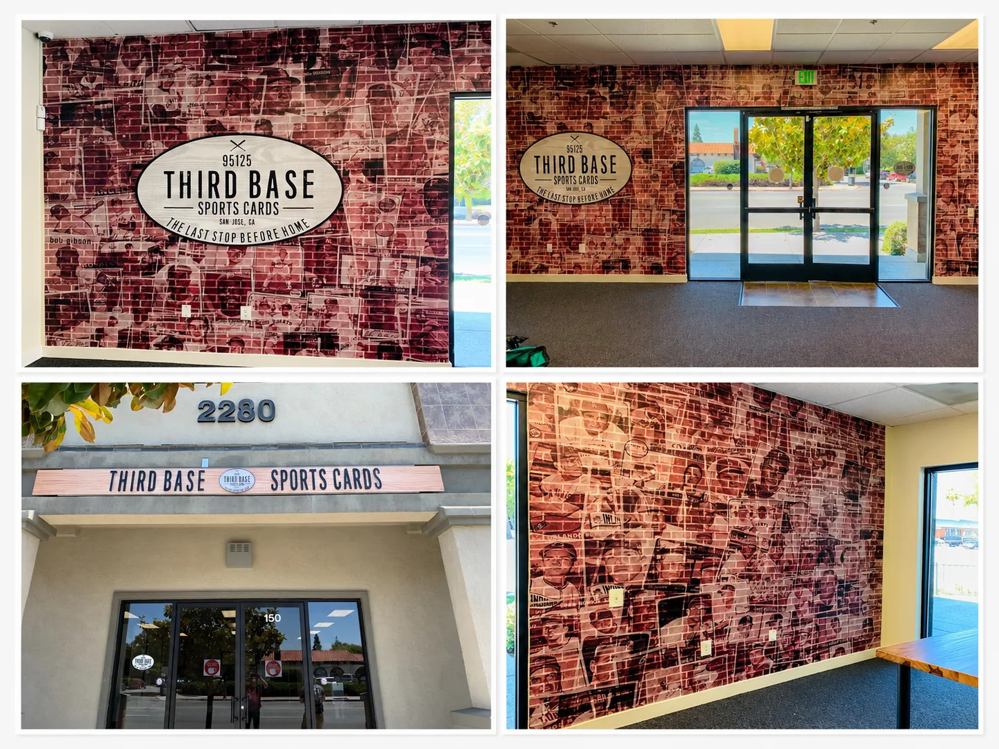 Vintage baseball card wall mural and wood panel building sign with acrylic letters — Third Base Sports Cards San Jose — Clear Line Signs