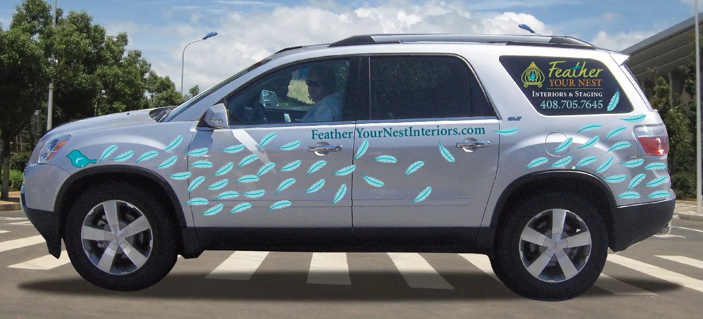 Feather Your Nest Interiors vinyl decals on GMC SUV Silicon Valley