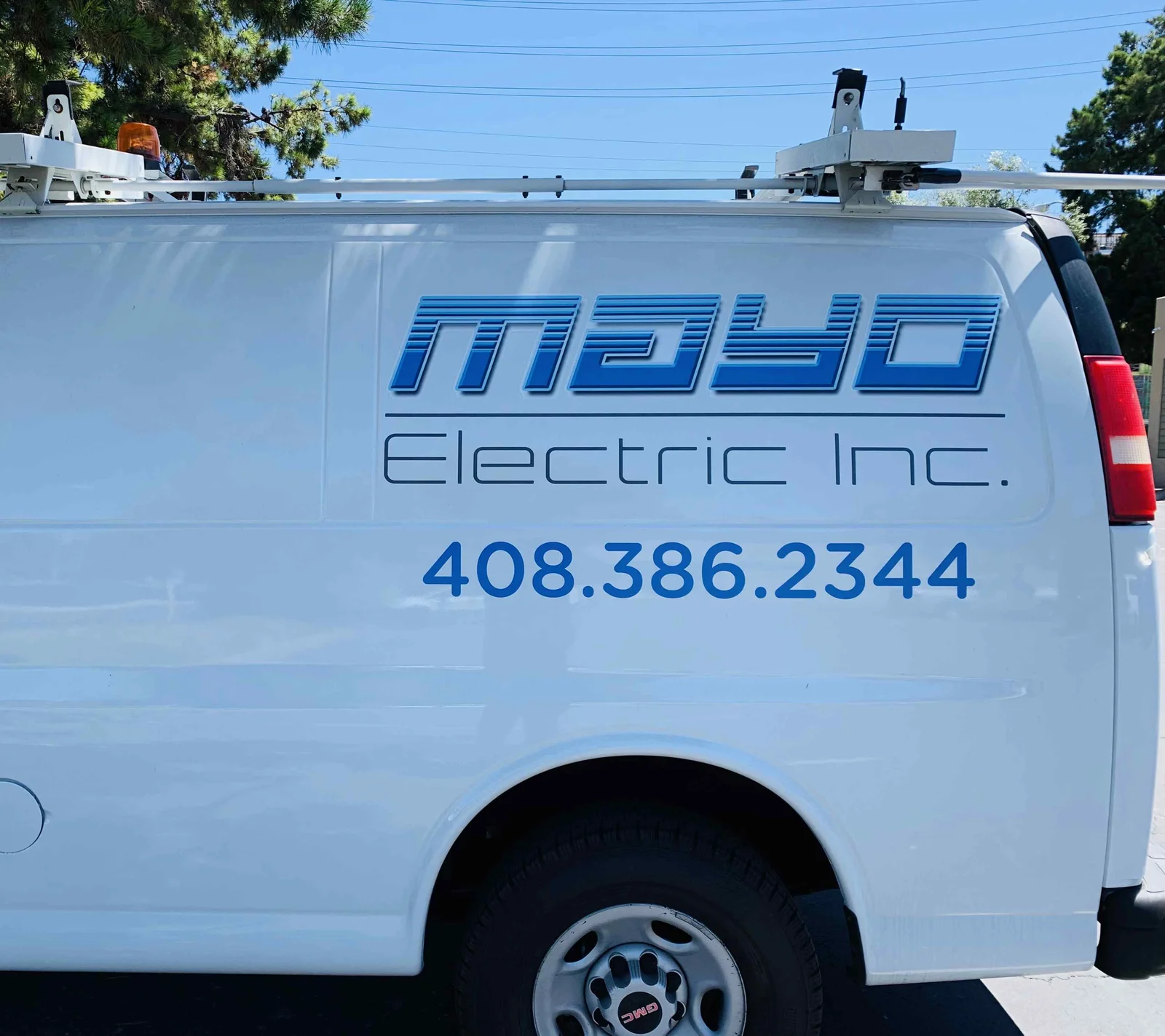 Mayo Electric Inc cut vinyl lettering on GMC service van San Jose