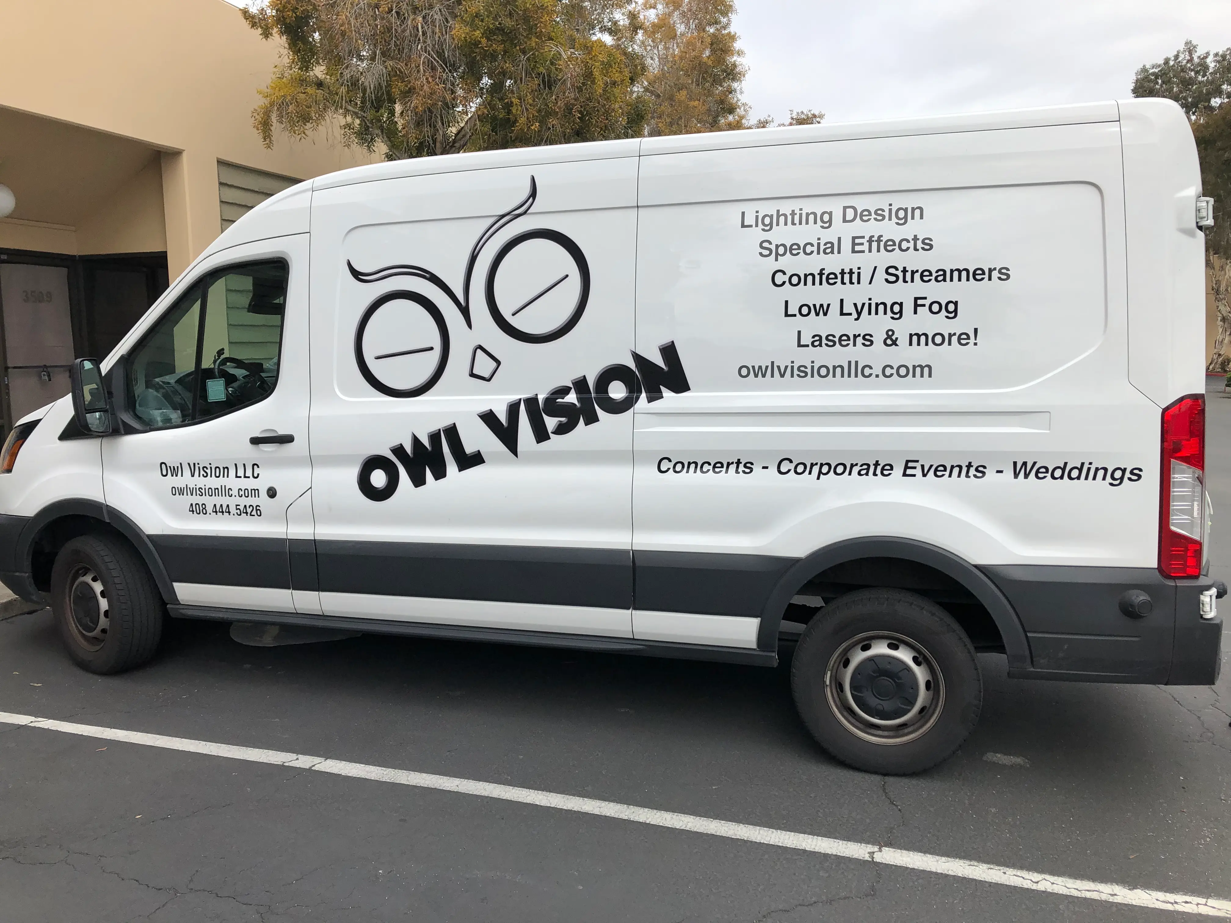 Owl Vision LLC cut vinyl lettering on Ford Transit van Silicon Valley