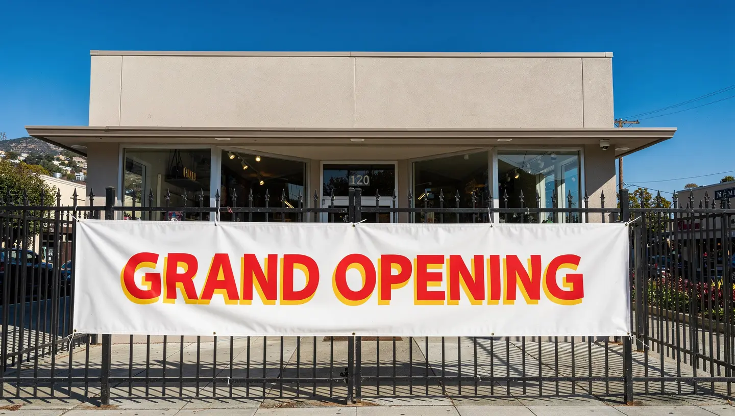 Grand opening vinyl banner displayed at a San Jose retail storefront