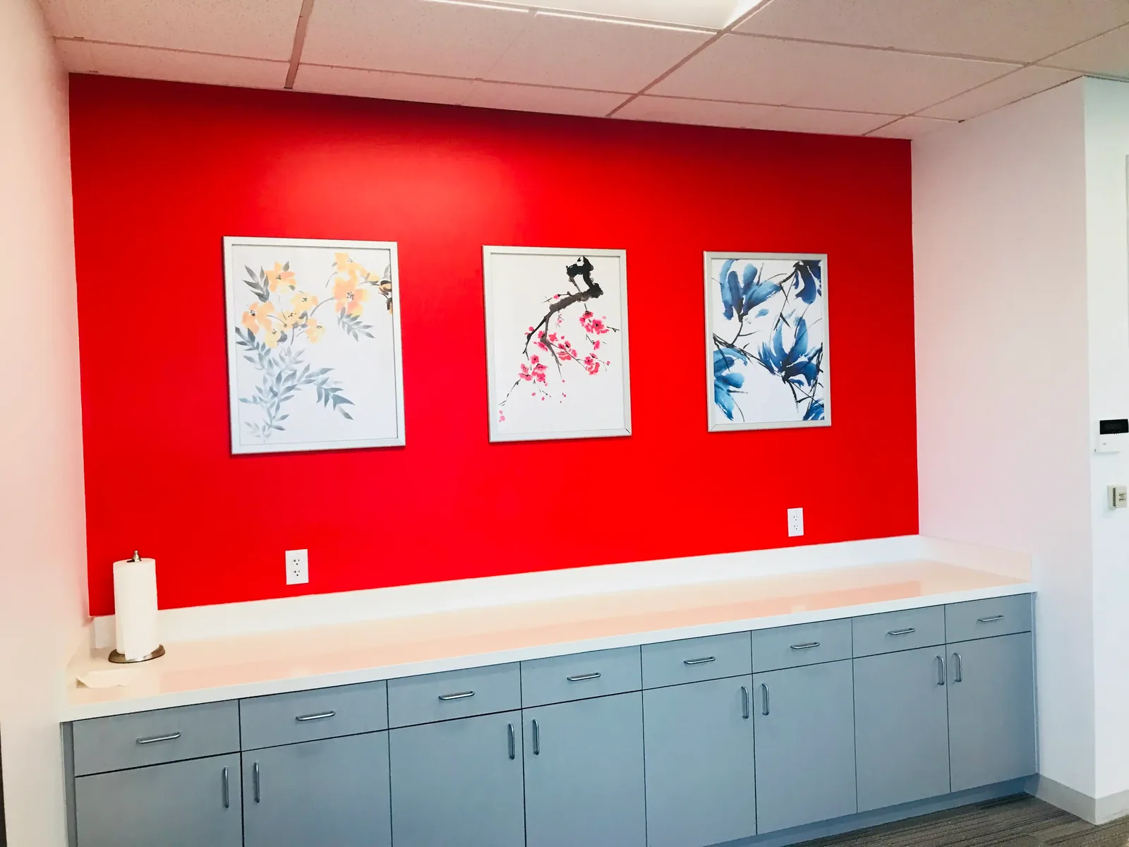 Custom framed photo prints on red accent wall — China Unicom Silicon Valley break room