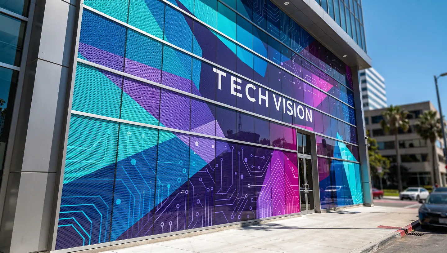 Perforated window film on a commercial building