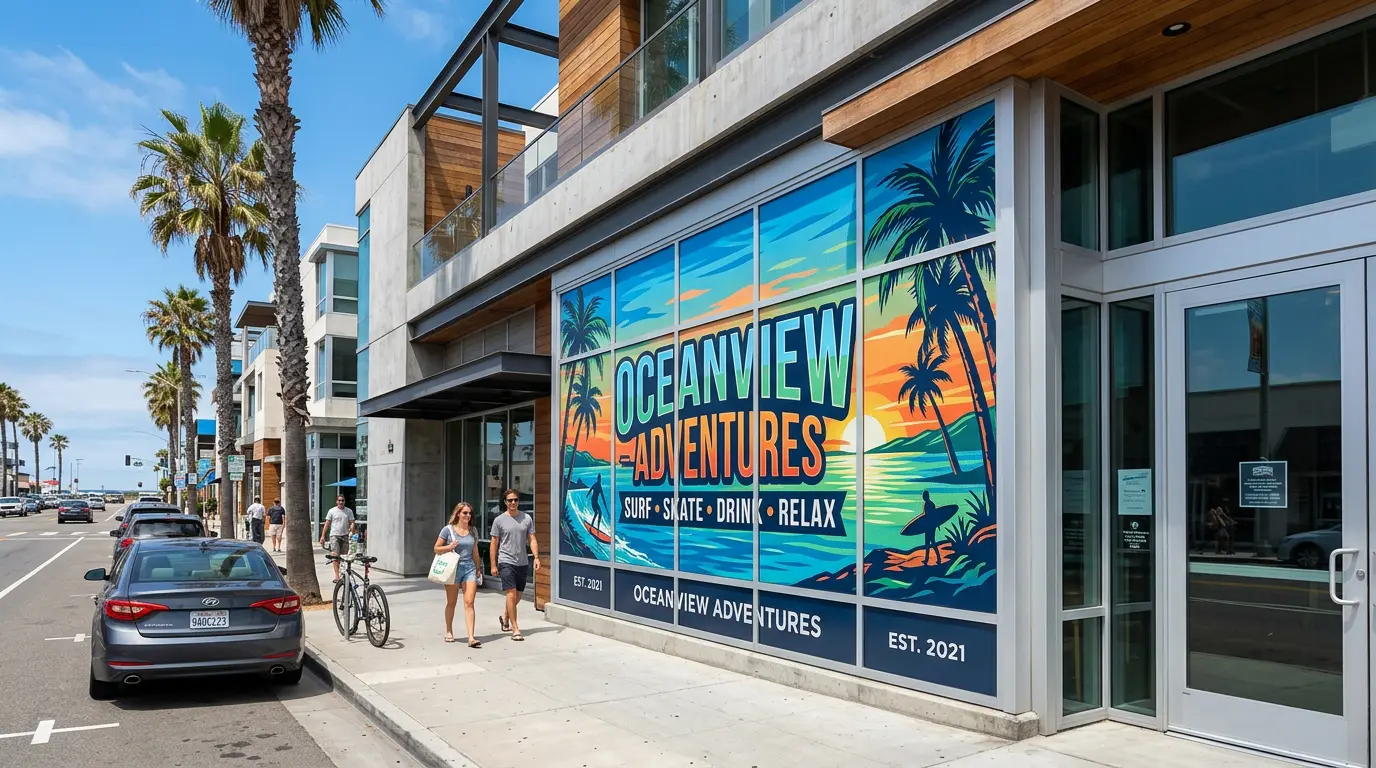 Perforated window wrap on commercial storefront — San Jose